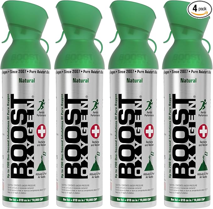 Boost Oxygen Large Natural 10 Liter Canister | Respiratory Support for Aerobic Recovery, Altitude, Performance and Health (4 Pack)
