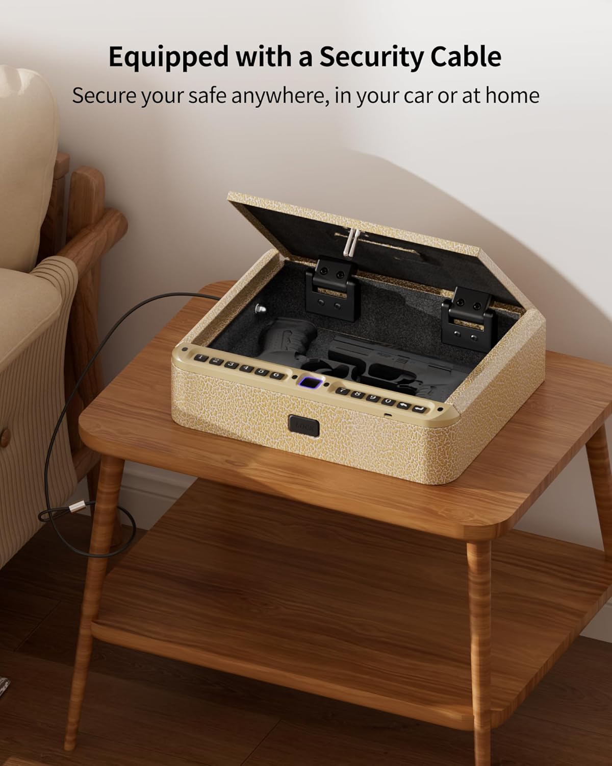 BILLCONCH Gun Safe for Handgun - Biometric Pistol Safe 4 Ways Quick Access with Fingerprint/Full-digital Keypad/Key/APP Lock and Security Cable for Nightstand Bedside Home - Limited Gold