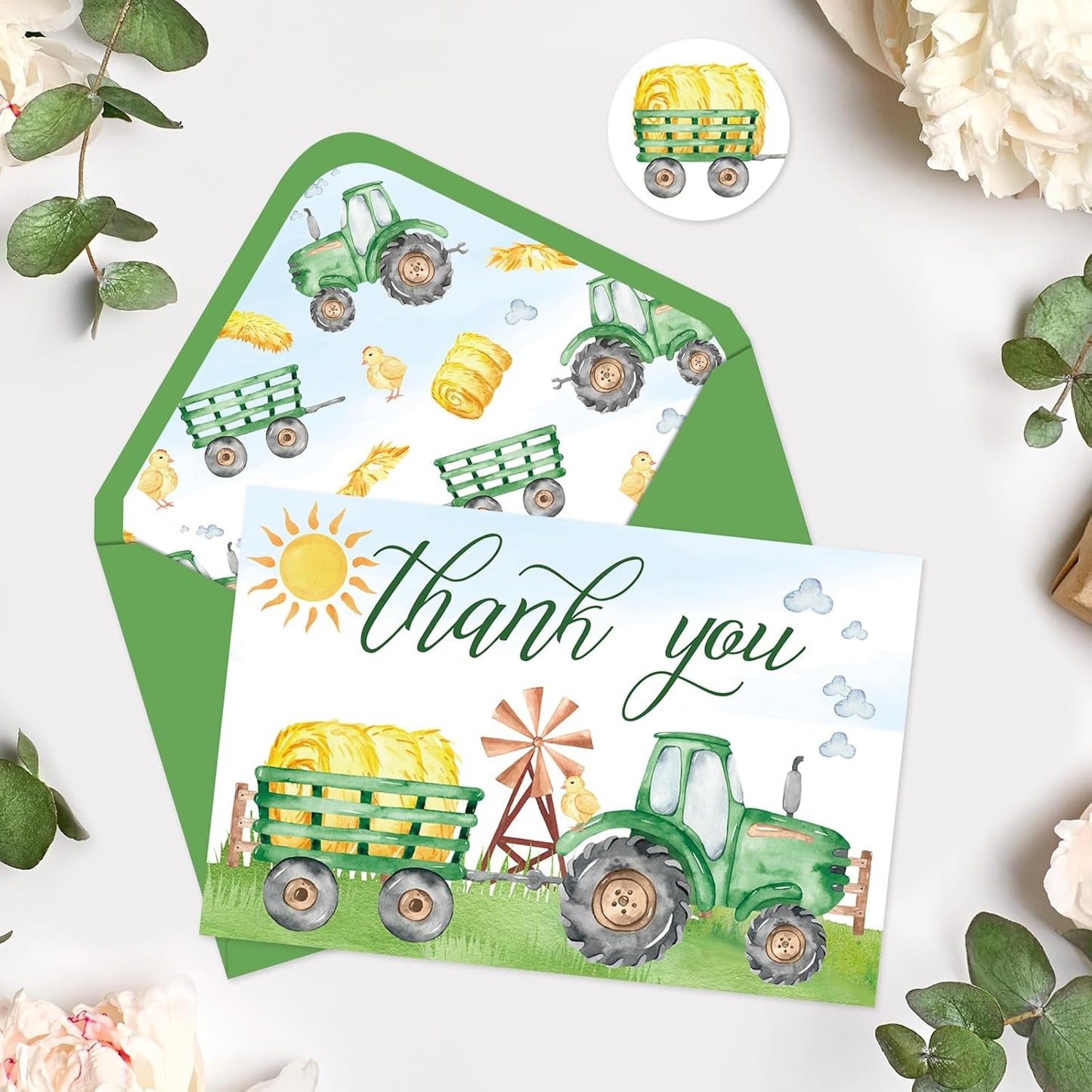 Whaline 24 Pack Green Tractor Thank You Cards Bulk Grain Chicken Tractor Note Card with Envelopes Stickers Green Yellow Greeting Blank Card for Farmhouse Birthday Baby Shower