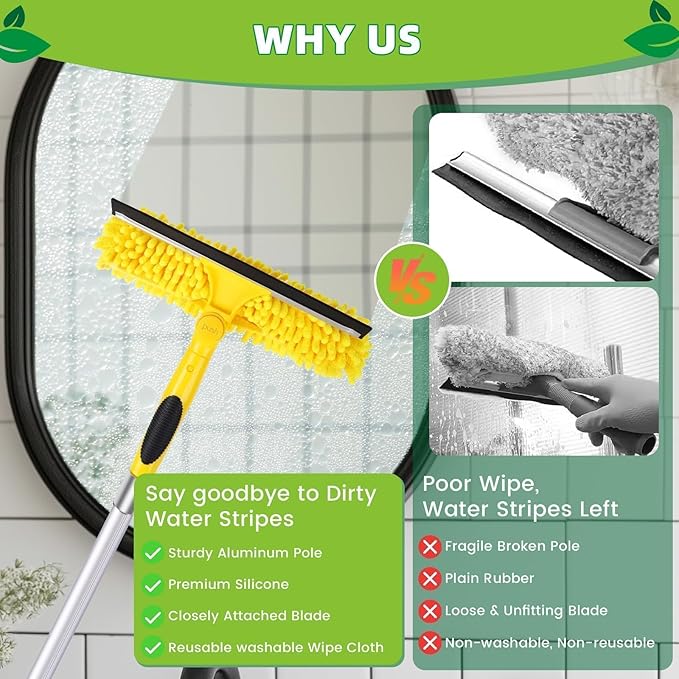 150'' Long Reach Window Squeegee with Telescoping Extension Pole, 2-in-1 Indoor/Outdoor Cleaning Tool with 270° Rotatable Head, Lightweight Alloy Aluminum Pole for Shower Door, Mirror, Car Windshield