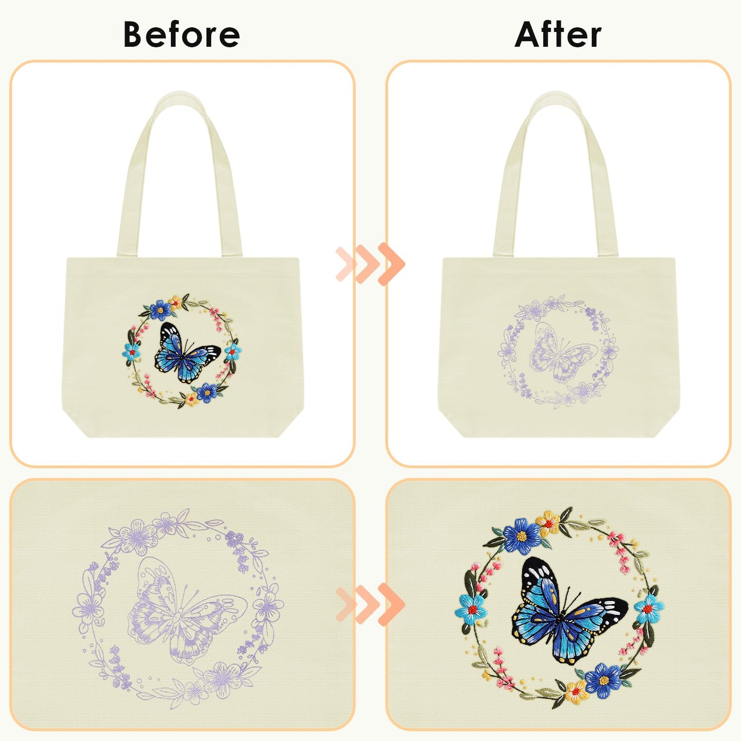 ERKOON Canvas Tote Bag Embroidery Kit for Beginners, Floral Arts Crafts Cross Stitch Kits for Adults Including Stamped Embroidery Bag with Hoops, Needle, Instruction and Color Threads (Butterfly)