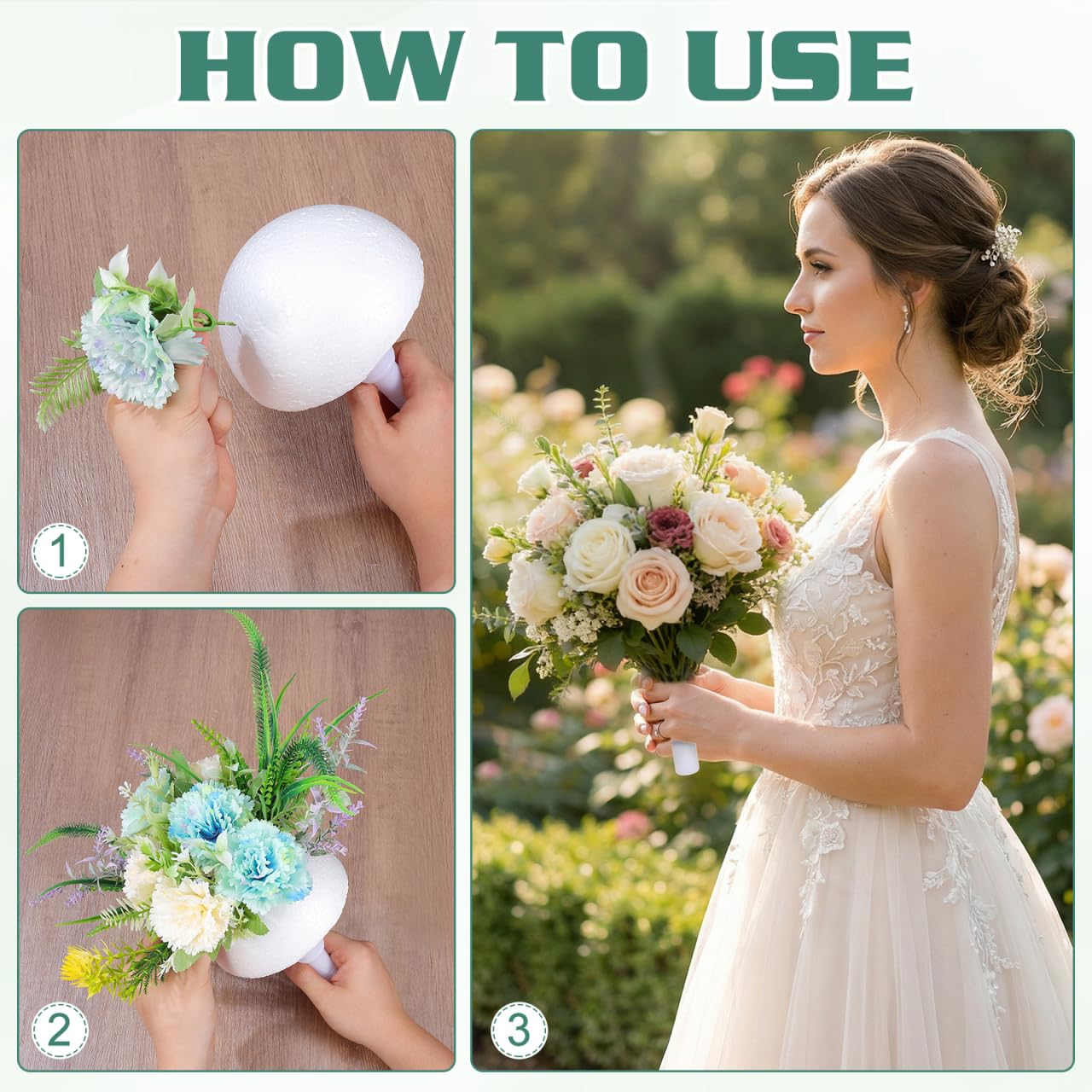 TEHAUX 2pcs Bridal Bouquet Holders, 6-Inch Dry Foam Floral Handle for Artificial, Silk & Sola Wood Flowers, DIY Wedding Keepsake Bouquet & Fake Floral Arrangement Supplies