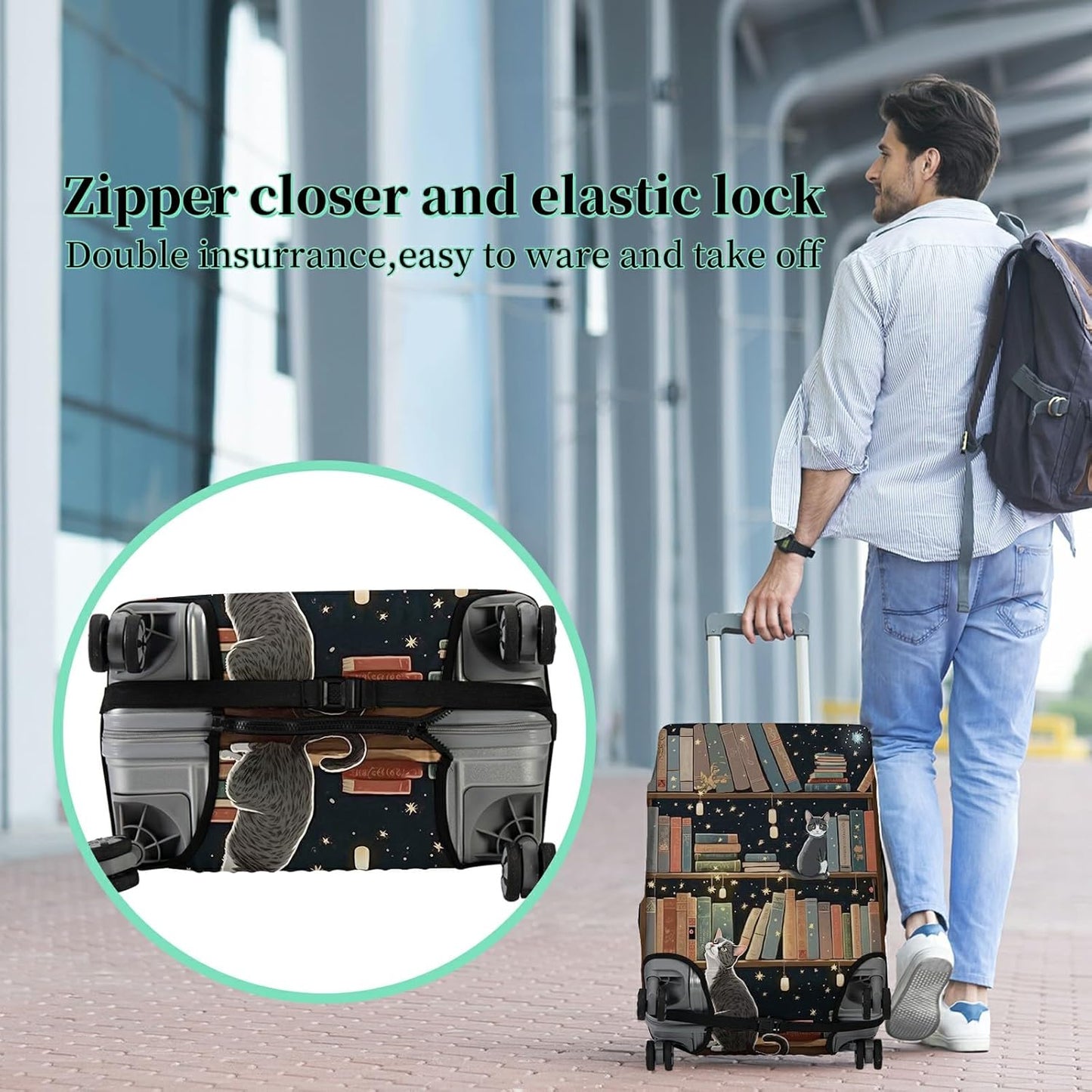 Luggage Cover + Tag, Cat Library Travel Suitcase Protector for 18-20 inch Luggage (S) with Concealed Zipper, Washable Elastic Cloth, Dustproof, Anti-Scratch