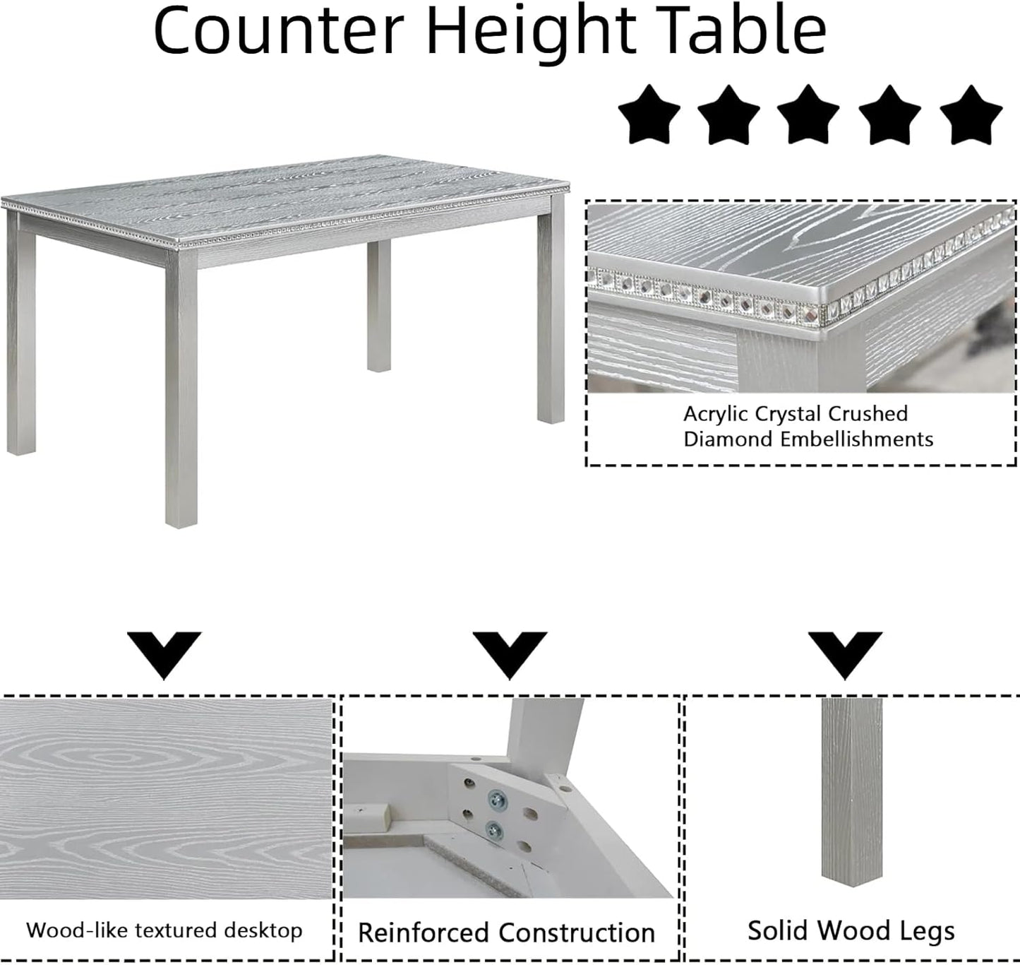 Dining Table Set for 5, 6 Piece Dining Room Table Set with Rectangular Crystal Decoration Table, 4 Upholstered Backrest Chairs and Bench, Counter Height Kitchen Sets with MDF Tabletop, Grey