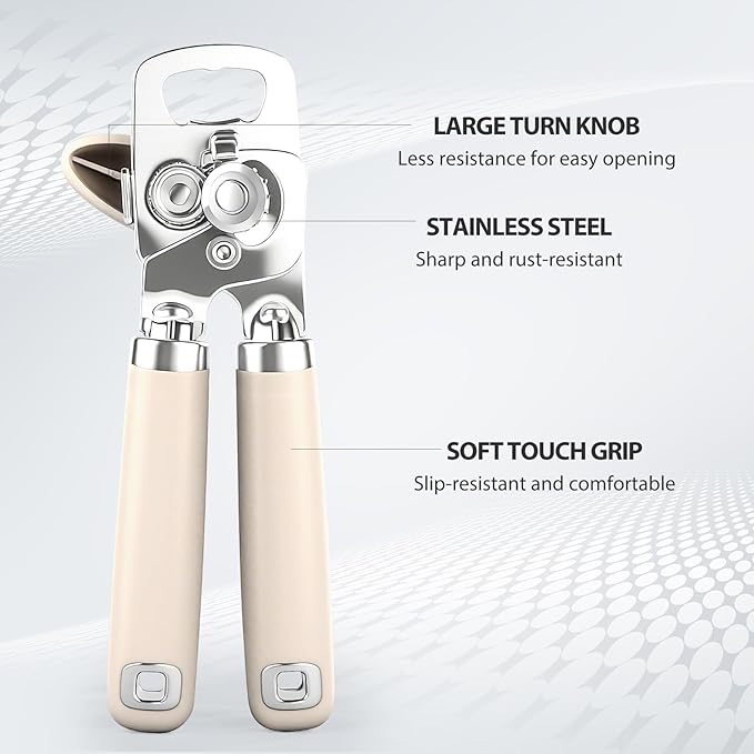 Can Opener Manual, Heavy Duty Stainless Steel Smooth Edge Can Opener With Soft Touch Handle, Oversized Handheld Easy Turn Knob, Multi-Function Bottle Opener, Beige
