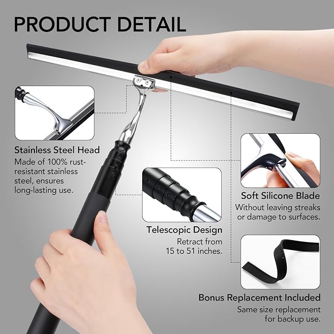 Shower Squeegee with Long Handle, 15-51" Telescopic Squeegee for Window Cleaning, Window Squeegee for Glass Doors, Extendable Window Cleaner Tool for Tile Walls, Sliding Door, Floor, Car Windshield