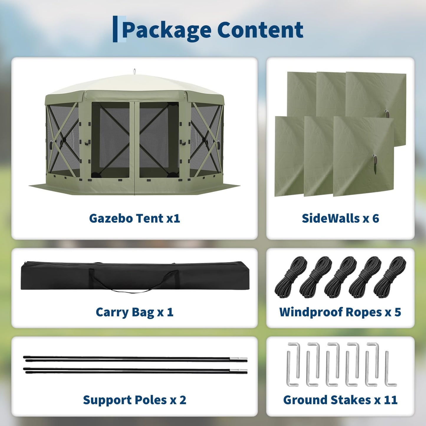 GarveeLife 13x13FT 6-Sided Pop Up Gazebo Tent，One-Push Setup Canopy Tent with Removable Canopy Top & Wind Cloths, Outdoor shelter for Camping, Backyard Parties, Outdoor Events - Army Green