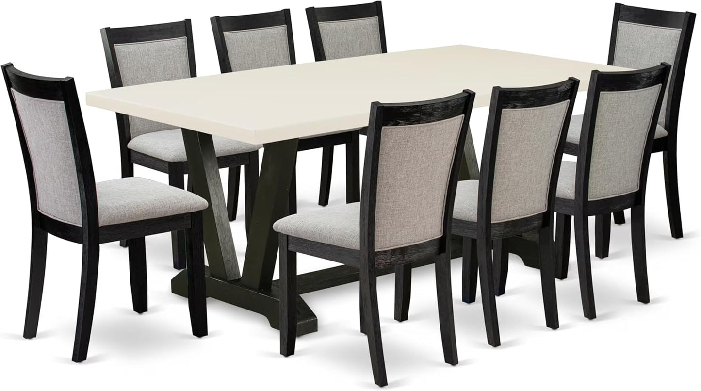 East West Furniture V627MZ606-9 9 Piece Dining Room Table Set Includes a Rectangle Dining Table with V-Legs and 8 Shitake Linen Fabric Upholstered Parson Chairs, 40x72 Inch, Multi-Color