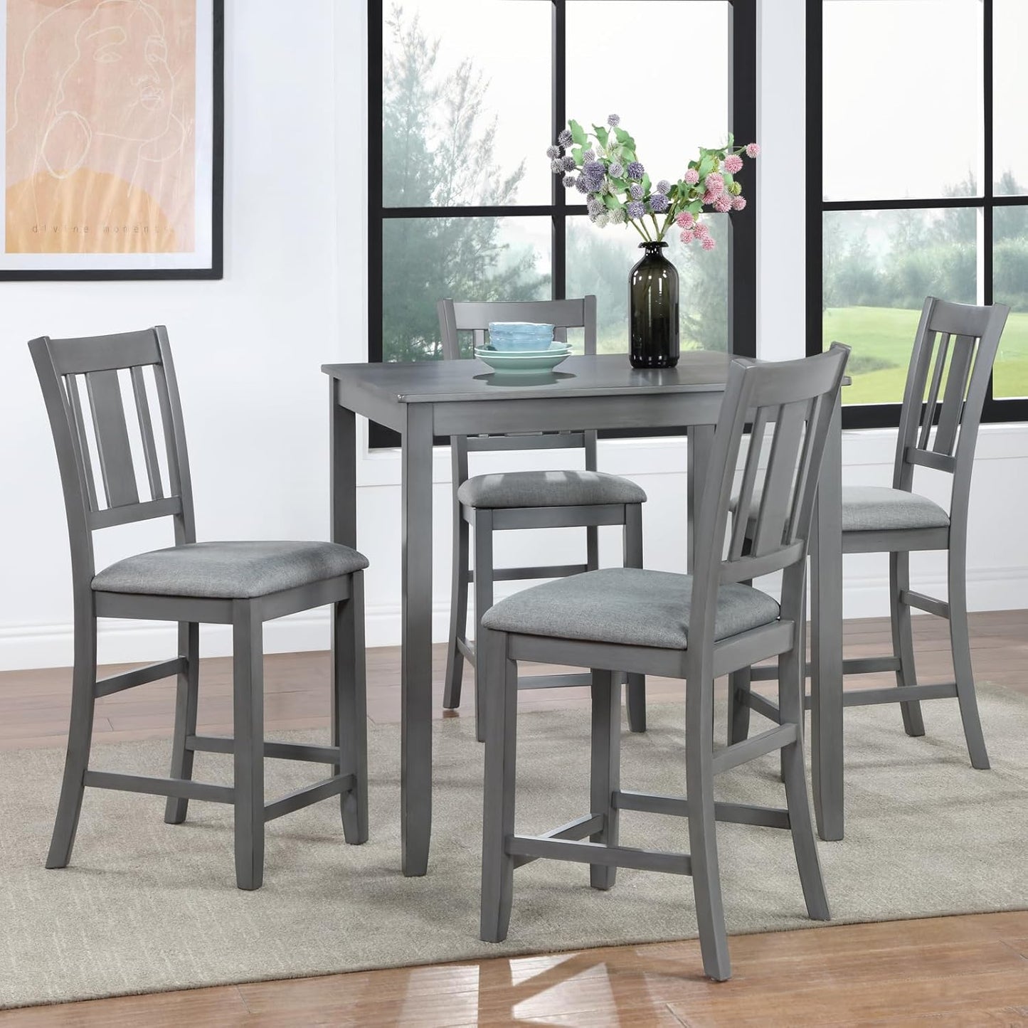 KEIKI 5-Piece Counter Height Dining Table Set with Square Table and 4 Upholstered Slatted Backrset Chair, for 4 Person, Modern Style Wooden Table Set, Easy Assembly, for Kitchen, Dining Room, Gray
