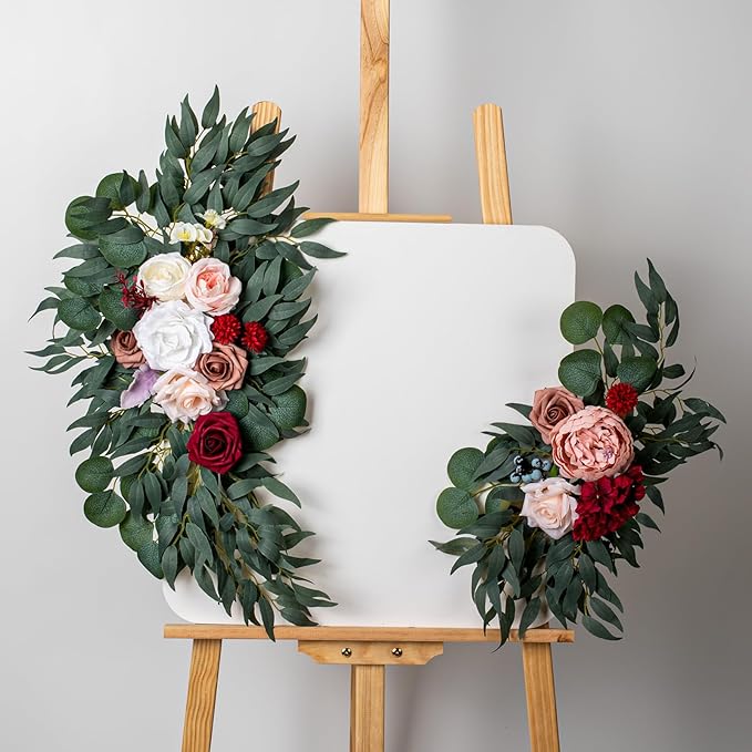 AitnWoy Artificial Wedding Arch Flowers Kit 2 PCS Dust Rose Flowers Silk Peony Floral Swag Welcome Sign for Wedding Ceremony Party Home Garland Decor (Burgundy Red)