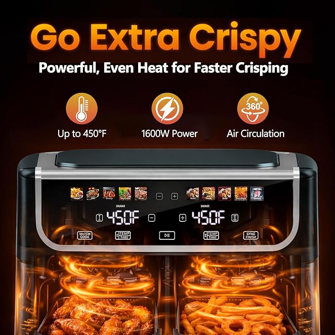 Simple Deluxe 9.5-Qt Dual Basket Air Fryer, 10-in-1 Digital Preset Airfryer, Sync Cook, Independent Temp Control, Shake Reminder, Nonstick Basket, Grey