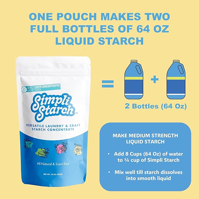 Simpli Starch® Dissolvable Starch Powder Mix. Makes Two Full 64 Oz Liquid Starch. Perfect For Laundry and Ironing, Add Directly to Your Washer. Ideal for Paper Mâché, Silly Putty, Playdough - 8oz (1)