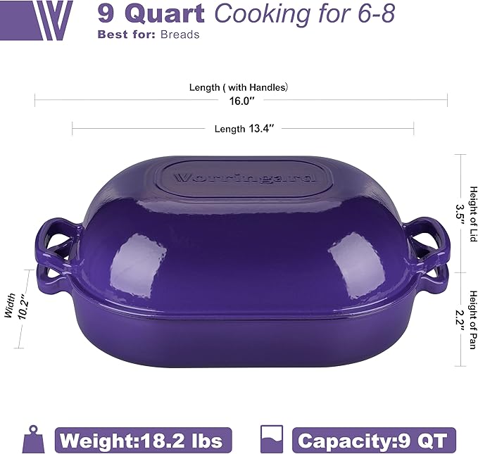 Large Cast Iron Dutch Oven Dome Pot with Lid, Enameled Bread Oven, Bread Pan for Homemade Sourdough Bread Baking, 9QT, Purple