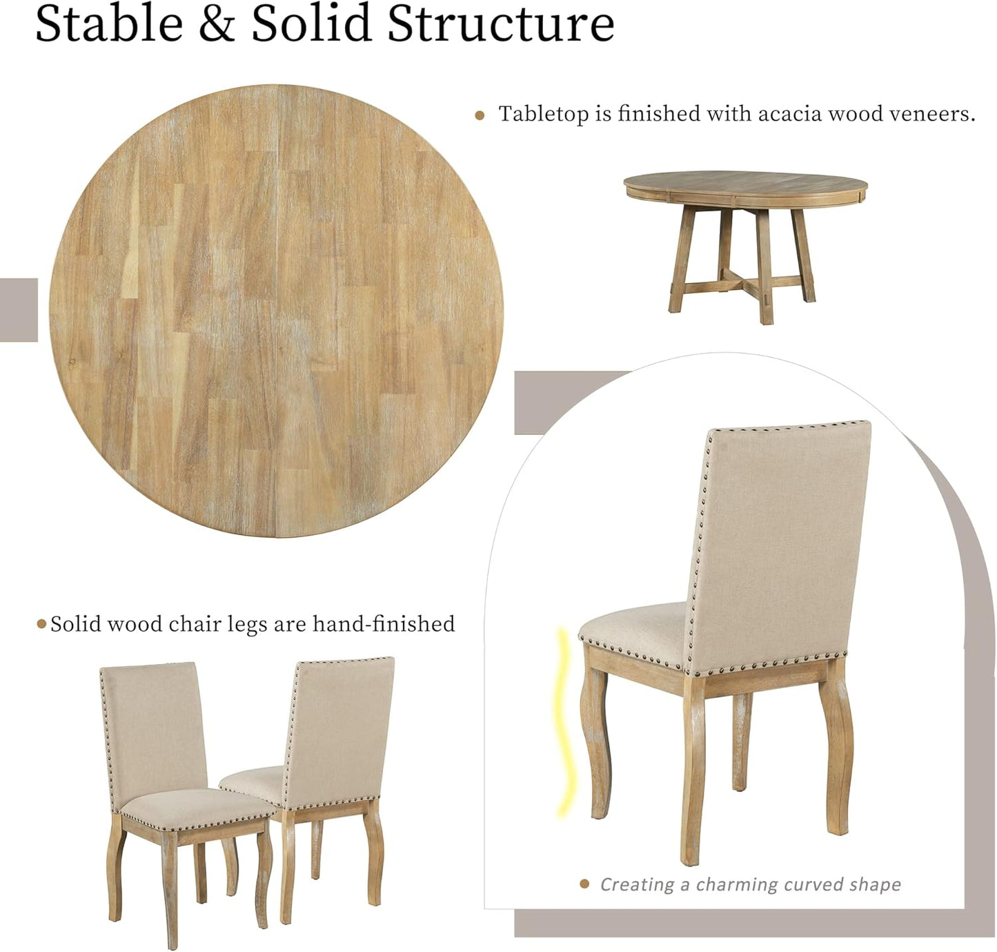 Merax 5-Piece Farmhouse Dining Furniture Set, Wooden Round Extendable Table, and 4 Upholstered Chairs, Natural Wood Wash