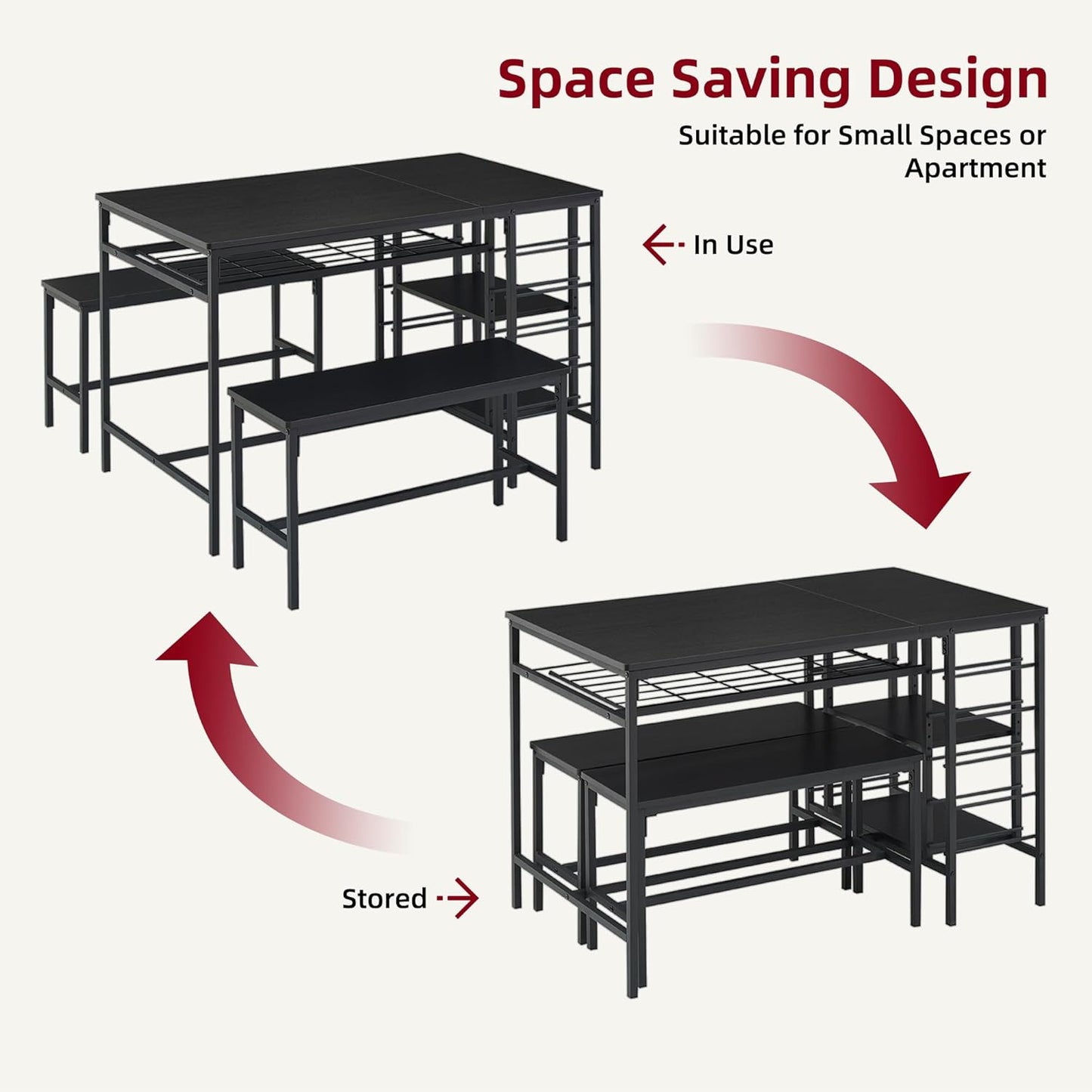 IDEALHOUSE Dining Table Set for 4, Kitchen Table Set for 4 with 2 Benches, Rectangular Dining Room Table Set with Wine Rack, 3 Piece Dining Table Set for Small Space Apartment, Black