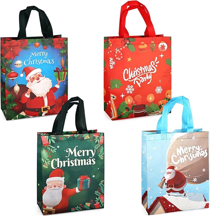 4PCS Christmas Gift Bags, Multifunctional Treat Non woven Christmas Bags with Handles for Gifts Wrapping Shopping, Xmas Party Supplies