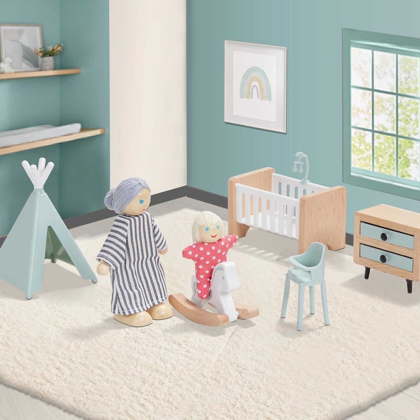 Giant bean 36pcs Wooden Dollhouse Furniture Set 5 Rooms 4 Family Dolls, Wood and Plastic Blue Dollhouse Accessories, Pretend Play Furniture Toys Christmas Birthday Gift for Boys Girls Kids Toddlers 3+