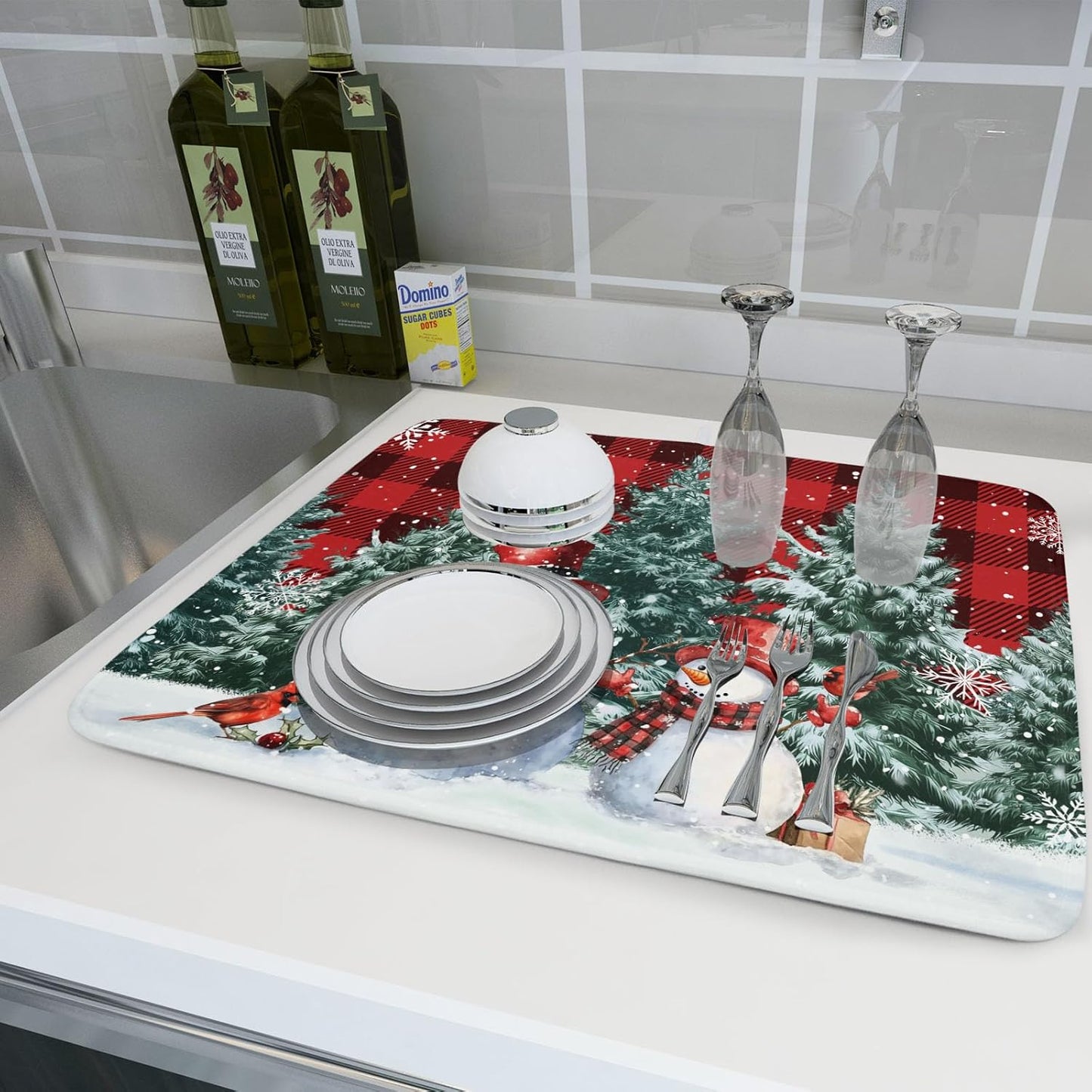 Christmas Snowman Dish Drying Mat for Kitchen Counter Xmas Trees Snowflake Buffalo Plaid Drying Mat 18x24 Inch Winter Holiday Absorbent Dish Drainer Mat Christmas Kitchen Accessories