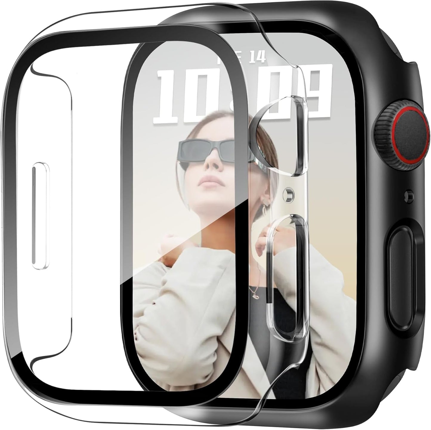 JR.DM 41mm 2 Pack Hard PC Case with HD Tempered Glass Screen Protector for Apple Watch Series 9/8/7, Slim Guard Bumper Full Coverage Protective Anti-Scratch Face Cover for iWatch, Black+Clear