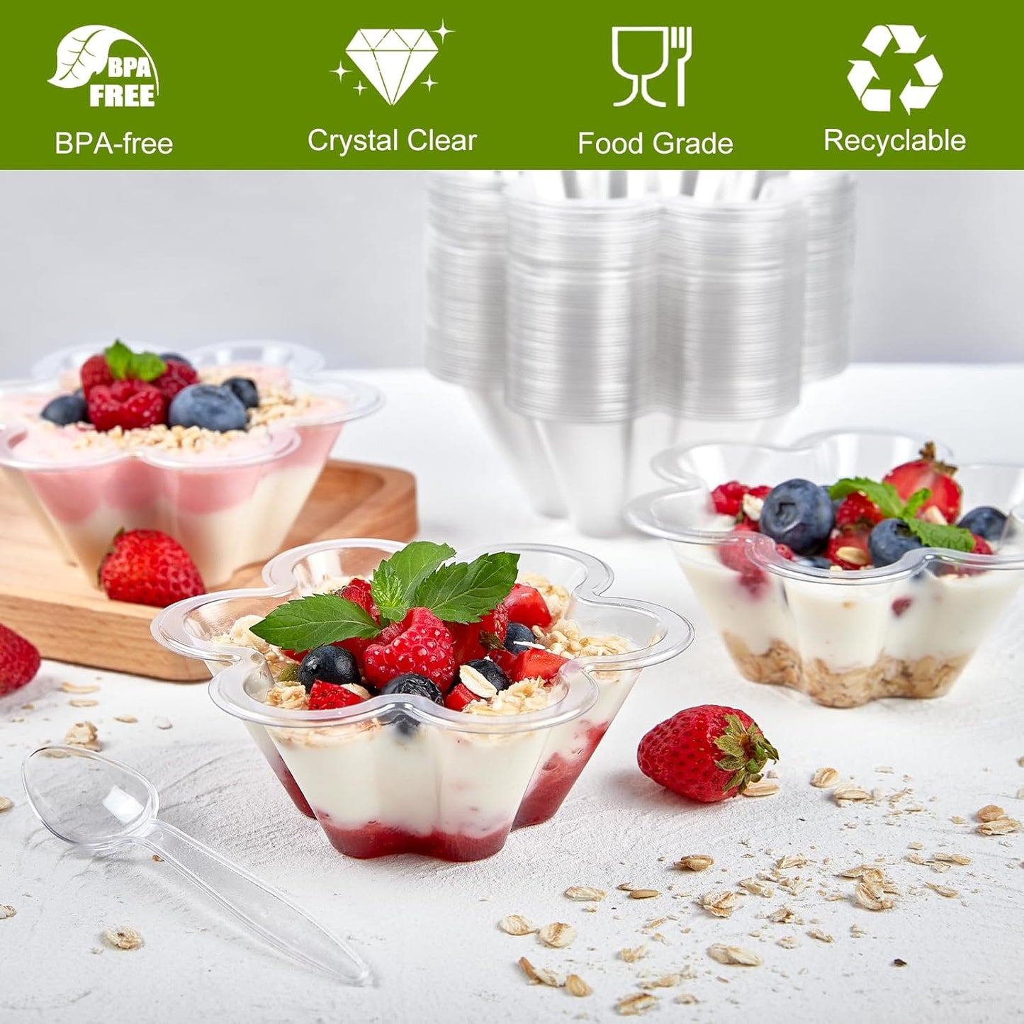 Qeirudu 8 oz Dessert Cups with Spoons, 100 Pack Flower Shaped Ice Cream Bowls Plastic Party Serving Bowls for Sundae, Parfait, Fruit, Snack, Acai Bowls