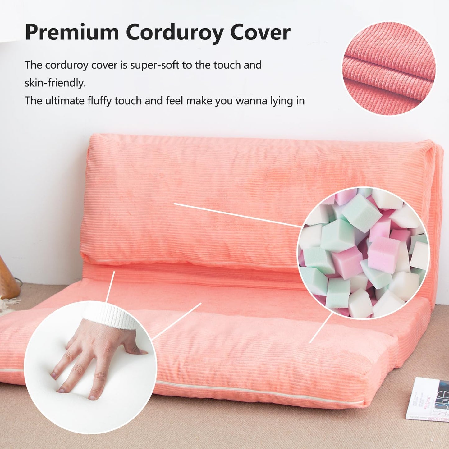 N&V L92×W58 Inch Large Folding Matress Sofa Bean Bag, Foam Filling Folding Matress Sofa, Includes Removable and Machine Washable Cover, Patent No.: US D1,018,079 S (Salmon Pink, Large Corduoy), 94024