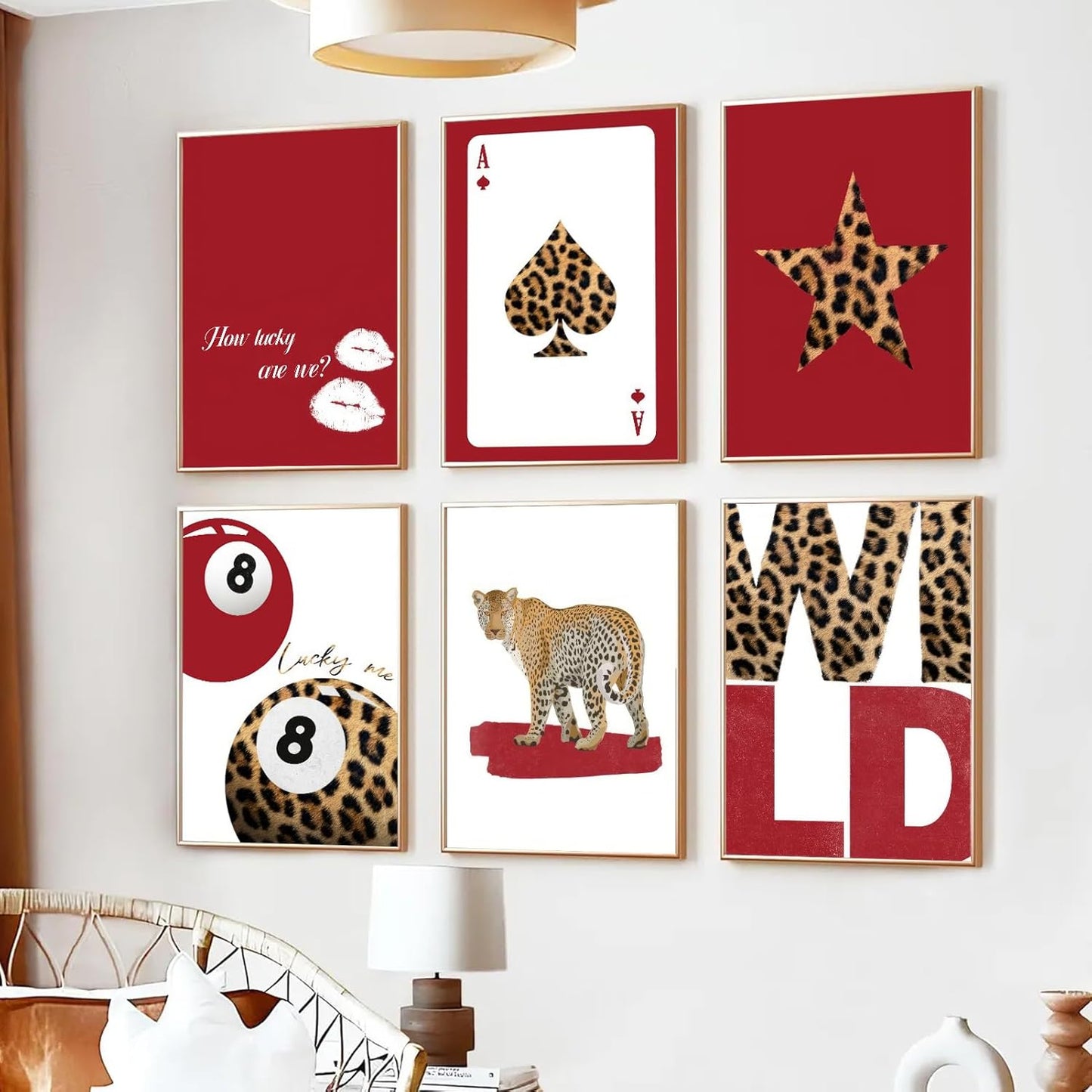 9Pcs Trendy Red Leopard Wall Art Prints Funky Lucky 8 Ball Posters Preppy Cheetah Aesthetic Wall Decor Pictures Girly Bedroom Apartment Dorm Unframed 8x10in