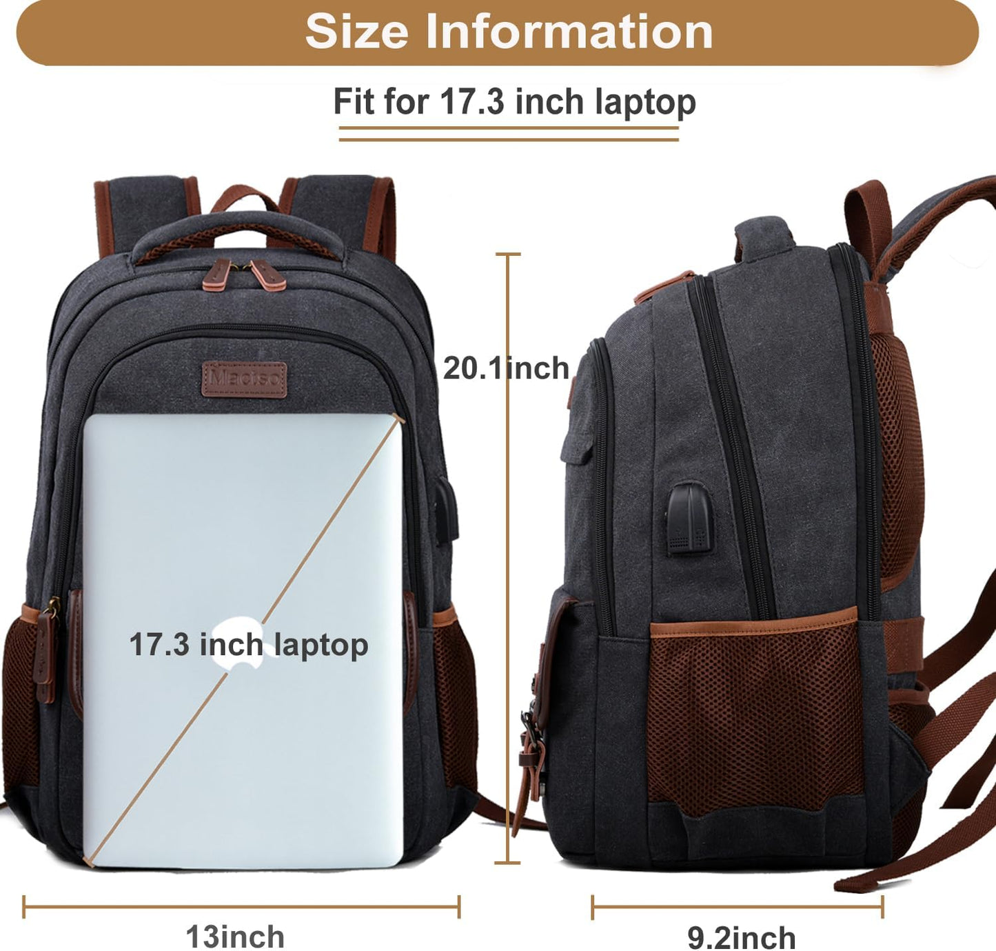 Mactso Canvas Travel Laptop Backpack for Men Women, Business Work Rucksack College Computer Bag Fits 17.3 Inch Notebook,Bookbag with USB Charging Port (Black, 17.3 Inch)