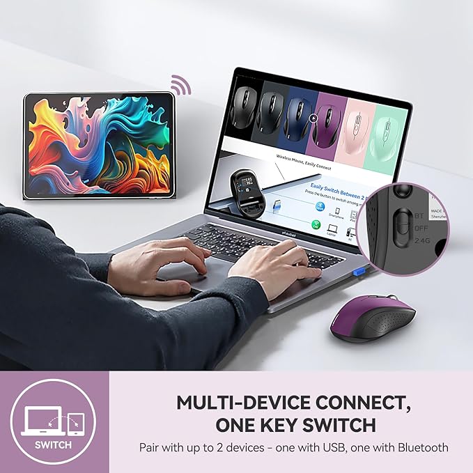TECKNET Bluetooth Mouse, 4000DPI Wireless Mice for Laptop 2-in-1(BT 5.0/3.0+2.4Ghz) Computer Portable PC Mouse Wireless with USB Receiver for Mac (USB-A+Bluetooth, Purple)