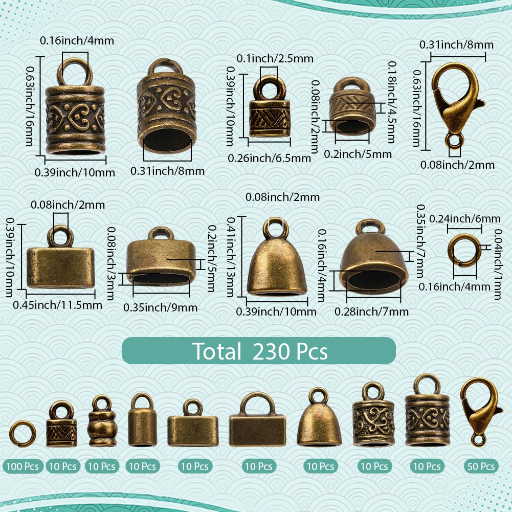 SUNNYCLUE 1 Box 230pcs Cord End Caps Kit Kumihimo Ends Alloy Metal Tibetan Style Antique Bronze Tassel Glue in Crimp Leather End Caps for Jewelry Making Kit Bracelet Kumihimo Supplies Gifts Craftings