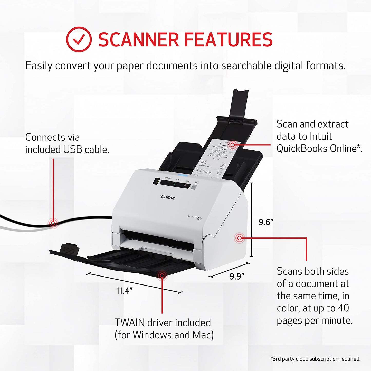 Canon Imageformula R40 Office Document Scanner Receipt Edition, For Pc And Mac, Scan & Extract Data To Quickbooks Online, Color