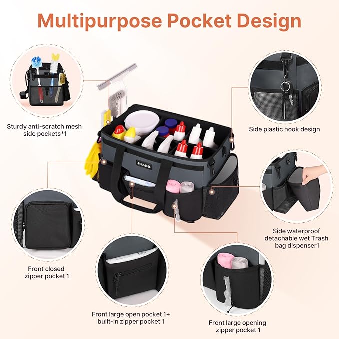 Large Wearable Cleaning Caddy Bags,Cleaning Supplies Storage Bag with Handles and Adjustable Shoulder Strap and Removable Waist Straps,Waterproof Cleaning Bags for Home,Car,Office (Gray)