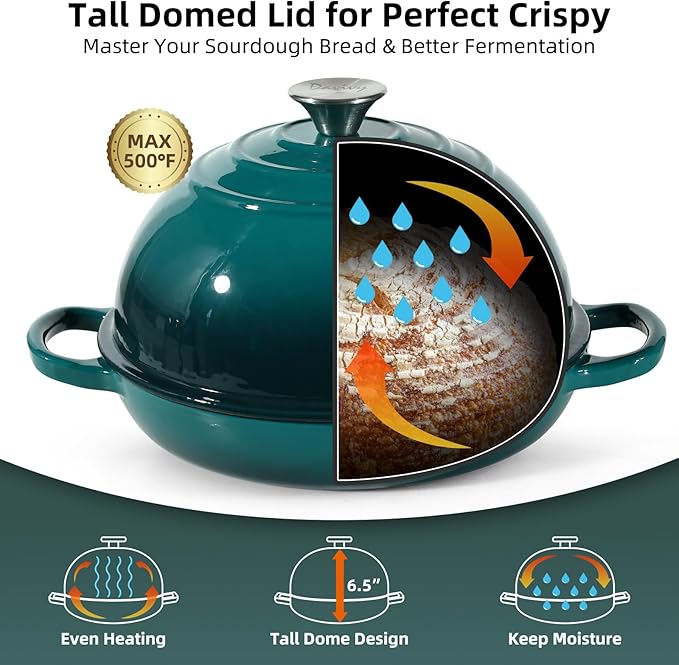 Davivy 5.5QT Enameled Cast Iron Dutch Oven with Lid, Dutch Oven for Sourdough Bread, 10" Round Sourdough Bread Oven, Bread Cloche for Bread Baking, with Silicone Bread Sling - Gradient Teal