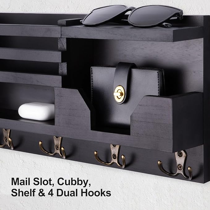Mail and Key Holder for Wall – Decorative 15.9” x 8.7” x 3.2” Entryway Organizer with Shelf – Paulownia Wood with 4 Dual Hooks Includes Mounting Hardware and Installation Guide