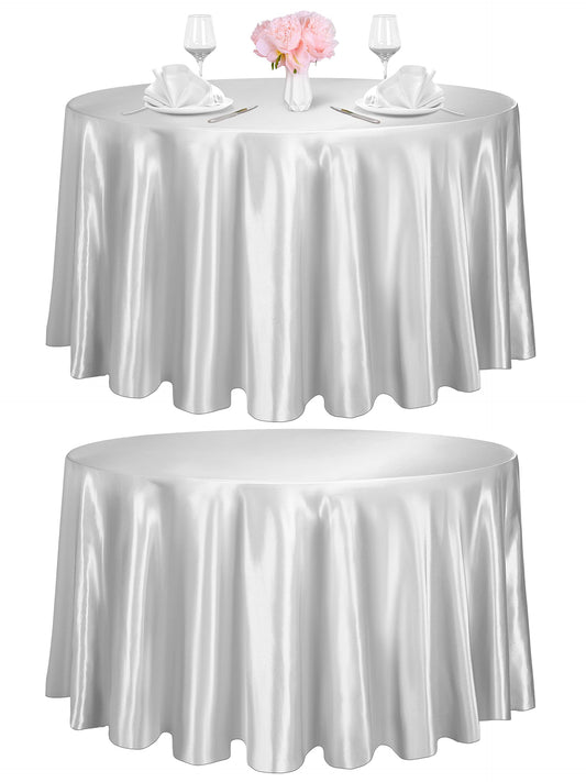 TURSTIN 2 Pieces Round Satin Tablecloth 120 Inches Overlay Table Cover Smooth Fabric Table Decor Bright Silk Tablecloth for Holiday Dinner Wedding Banquet Table Decoration (Light Silver)