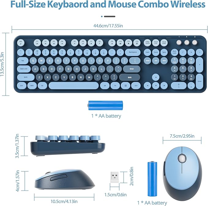 Owpkeenthy Retro Keyboard and Mouse Wireless, Cute Colorful Keyboard with Retro Typewriter Style Full-Sized with Number Pad Round Keys for Desktop, Laptop and Computerr (Gradient Blue)