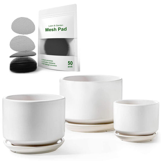 LE TAUCI Ceramic Plant Pots, 4.3+5.3+6.8 Inch Set with 50 Pack 2" Flower Pot Hole Mesh Pad Bundle, Planter with Drainage Hole and Saucer
