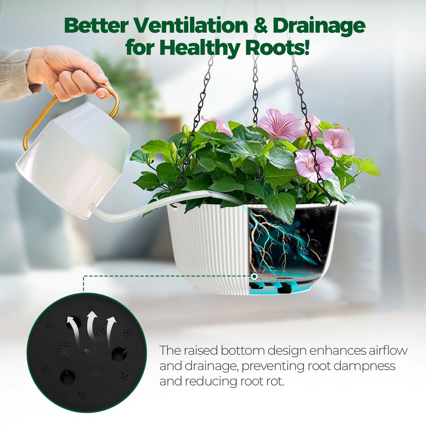 T4U 12 Inch Large Hanging Planters for Indoor Plants, 2 Pack Self Watering Pots Indoor, Hanging Baskets for Plants,Hanging Flower Pot with Drainage Hole and Plant Hanger, White