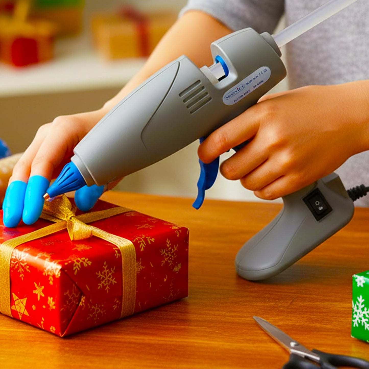 MONVICT Hot Melt Glue Gun with 7 Copper Nozzles, 3 Silicone Finger Covers, 12 Glue Sticks Dual Temperature Switching, Corded Detachable Cord Use Stand-Up Base Anti-drip for Art DIY Craft repair