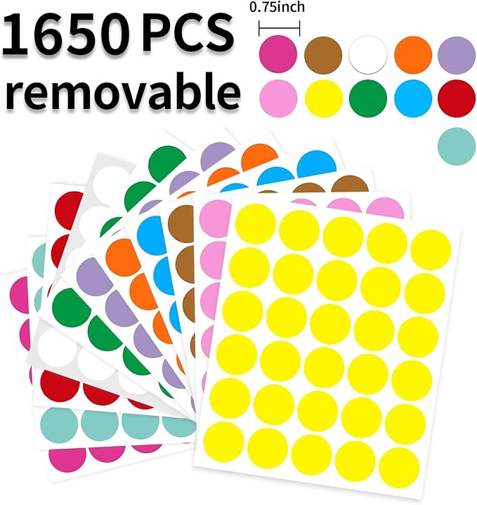 0.75 Inch Removable Color Code Dot Sticker Round Labels,Garage Sale Stickers Price Tags Label Blank Yard Sale Circle Dot Stickers Removable Writable Not Blurry (1650 Pack,11 Colors)
