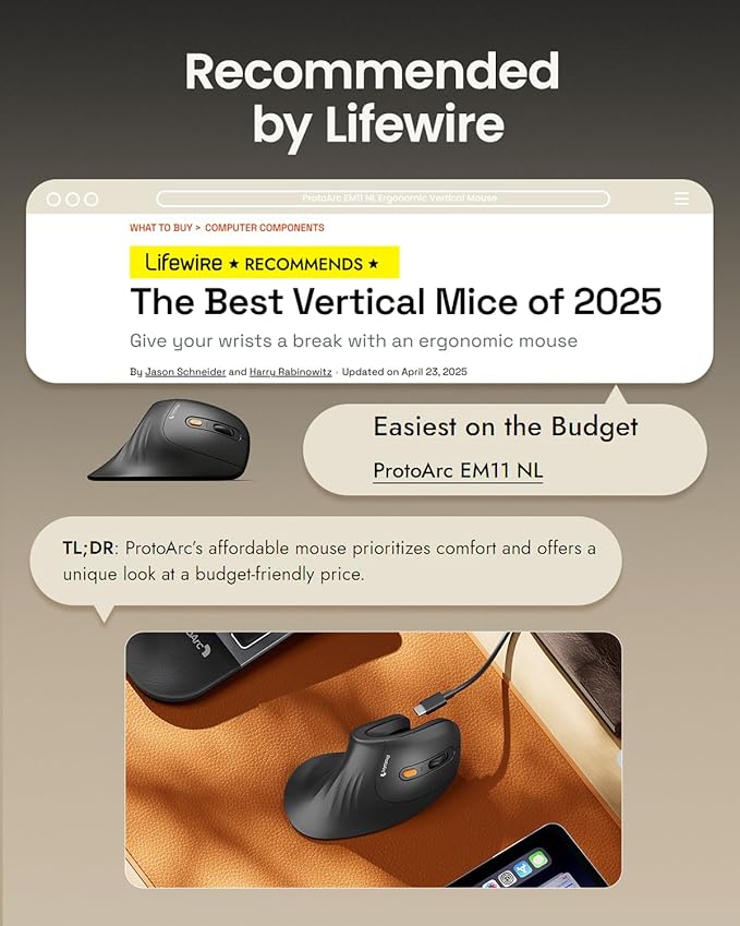 ProtoArc Ergonomic Mouse, EM11 NL Bluetooth Rechargeable Wireless Vertical Mouse, 3 Multi-Device Connectivity for Computer/PC/Laptop, 2.4GHz USB-A Optical Mice for Windows, Mac OS, Black