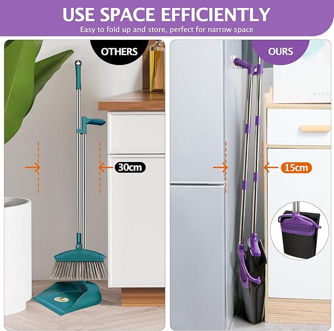 Broom and Dustpan Set, Long Handle Lightweight Dustpans with Broom Combo for Home Sweeping for Room Kitchen Office Purple