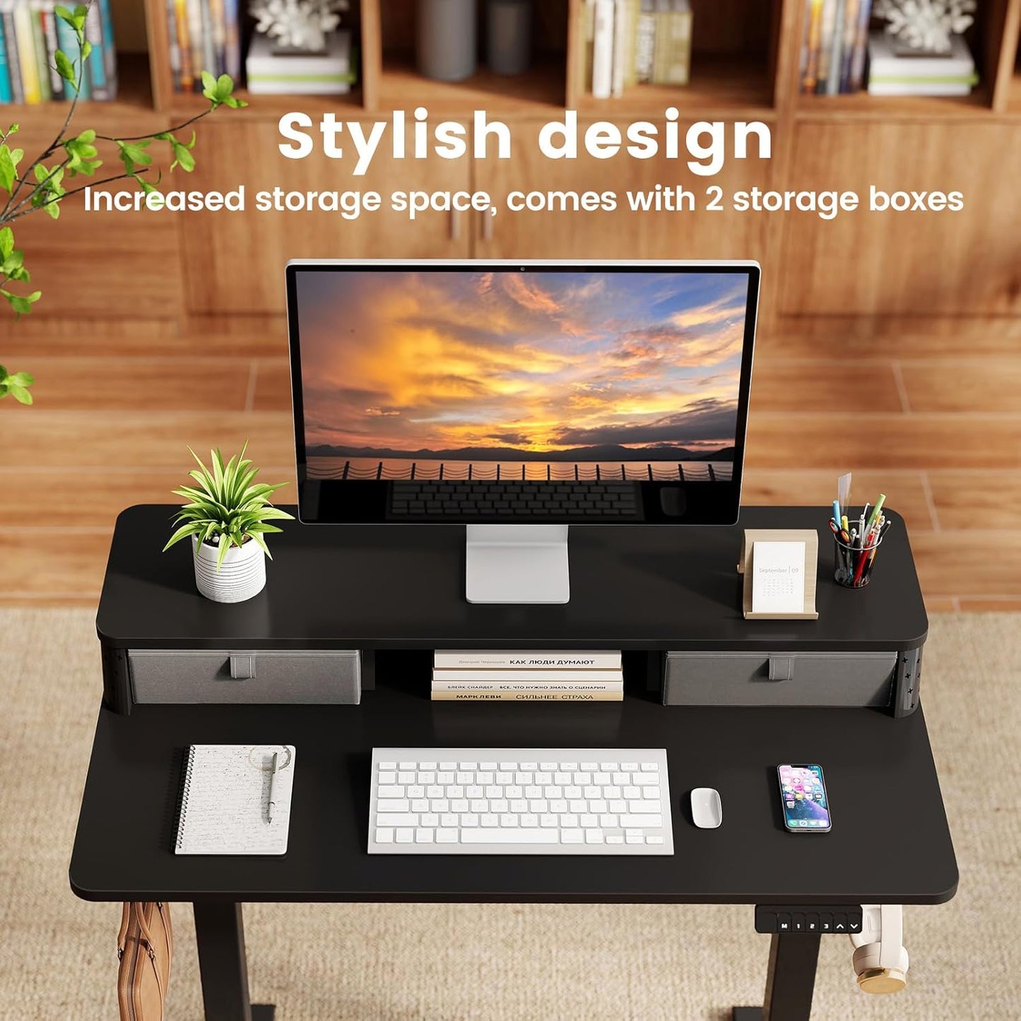 Small Standing Desk with Drawers and Brushless Motor,Electric Sit Stand Desk for Walking Pad,Ergonomic Stand Up Desk for Home Office & Gaming,3 Memory Height Preset & Hooks(35" x 20", Black)
