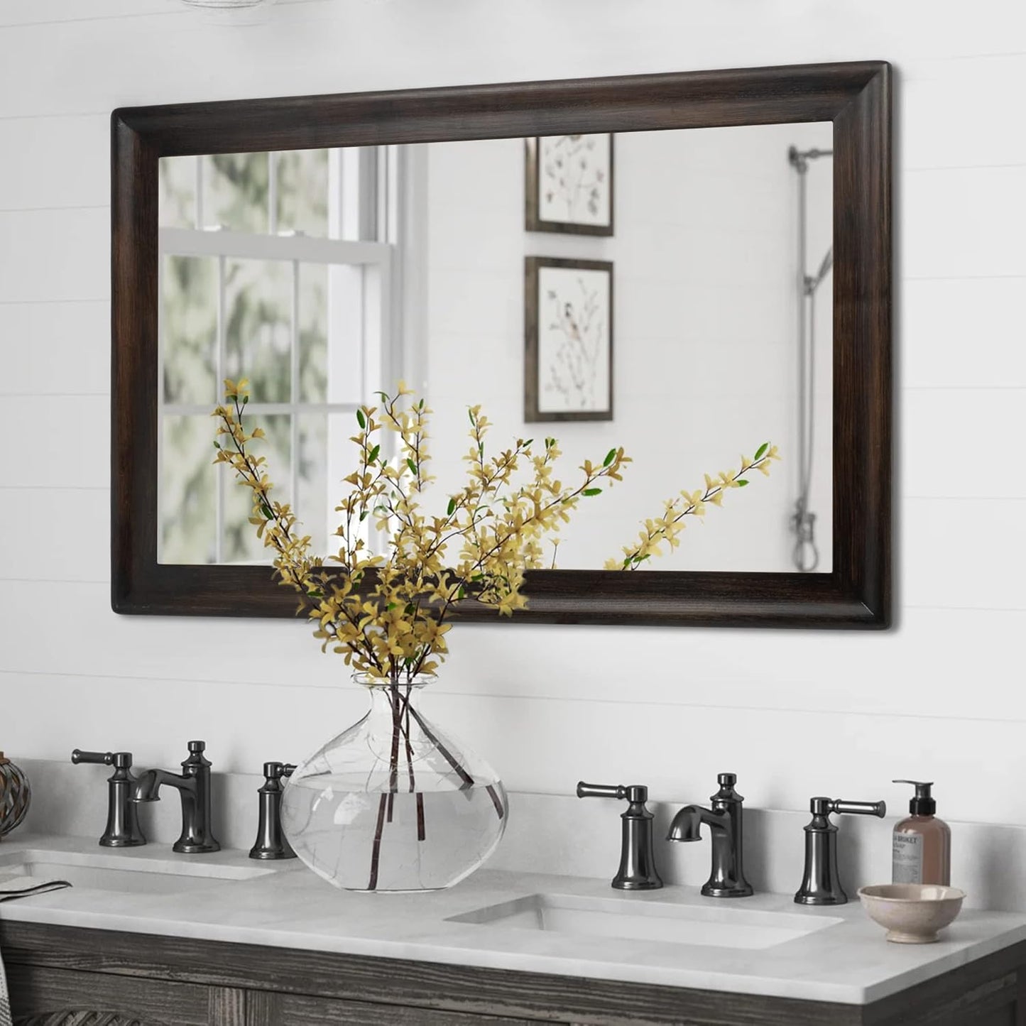 CULER Rustic Wood Wall Mirror for Bathroom,Rectangle 24 x 36 inch Hanging Black Mirrors with Wooden Frame for Living Room,Bedroom,Entryway(Dark Walnut)