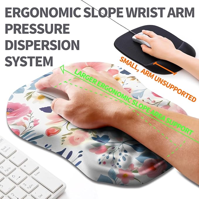 Ergonomic Slope Mouse Pad Wrist Support, Wrist Rest Mousepad for Carpal Tunnel Pain Relief with Massage Bulge and Slow Rebound Memory Foam (12x8 inch, Pink Floral)