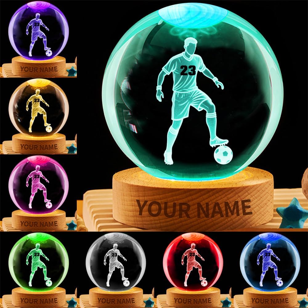Personalized Soccer Crystal Night Light Gift for Men Women, Custom Name/Number Soccer Player 3D Crystal Ball Night Light Lamp for Bedroom Room Sports Decor Party Bar Christmas Birthday Gift