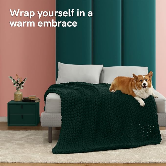YnM Knitted Weighted Blanket, Handmade Chunky Knitted Design, Soft and Cozy, Temperature Regulating and Breathable, Machine Washable Throw for Sleep or Home Decor (Pacific Green, 80x87 Inch, 25lbs)