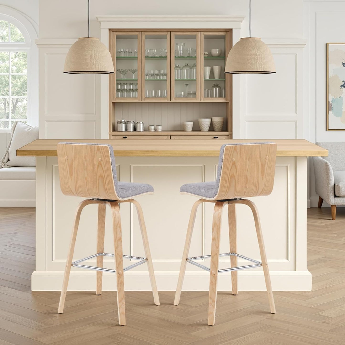 Vienna Modern Swivel Bar Height Stool with Grey Upholstered Seat and Patterned Oak Wood Frame Set of 3