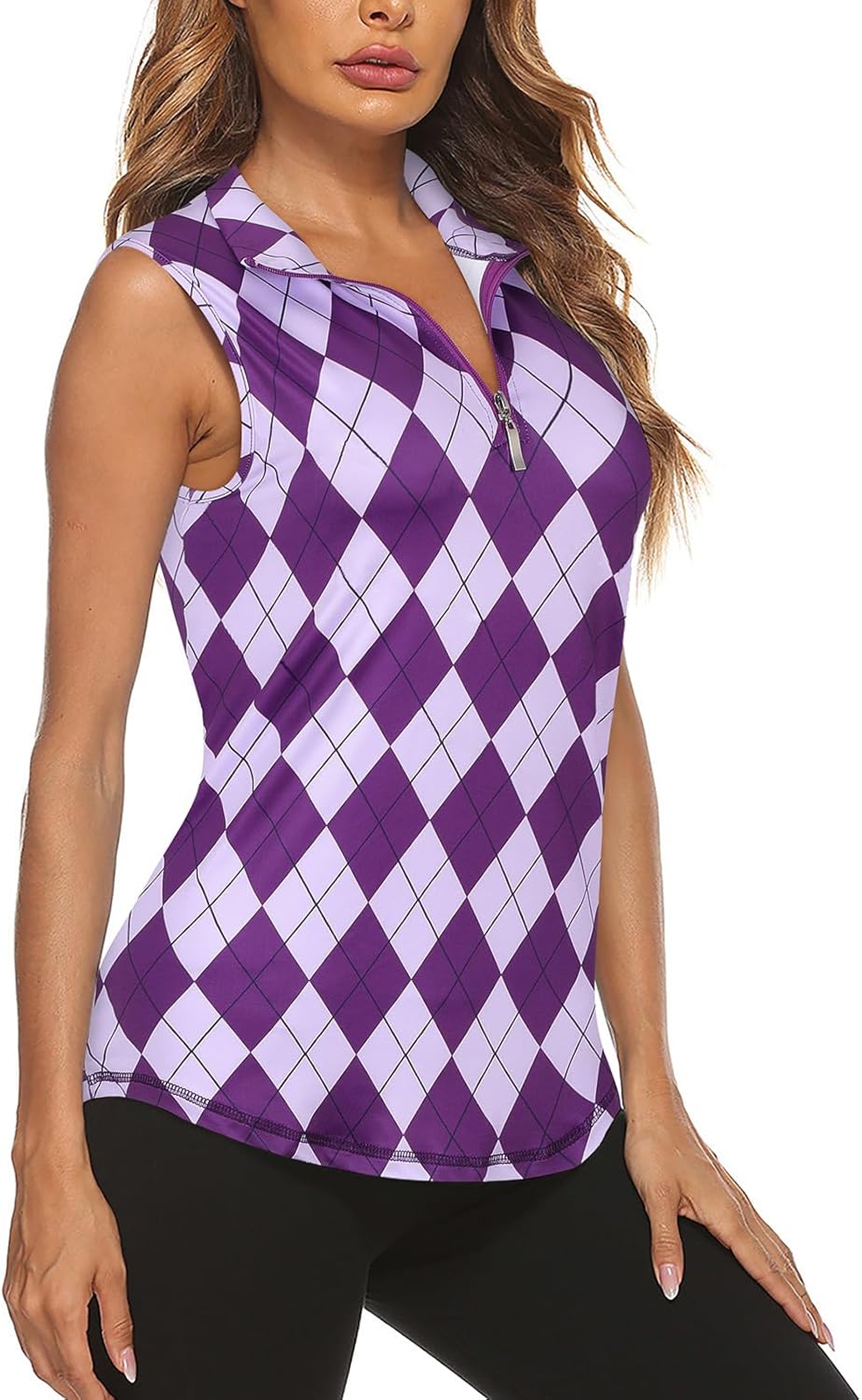 Koscacy Women's Sleeveless Golf Tennis Polo Shirts Zip Up Dry Fit Workout Tank Tops Athletic Shirt