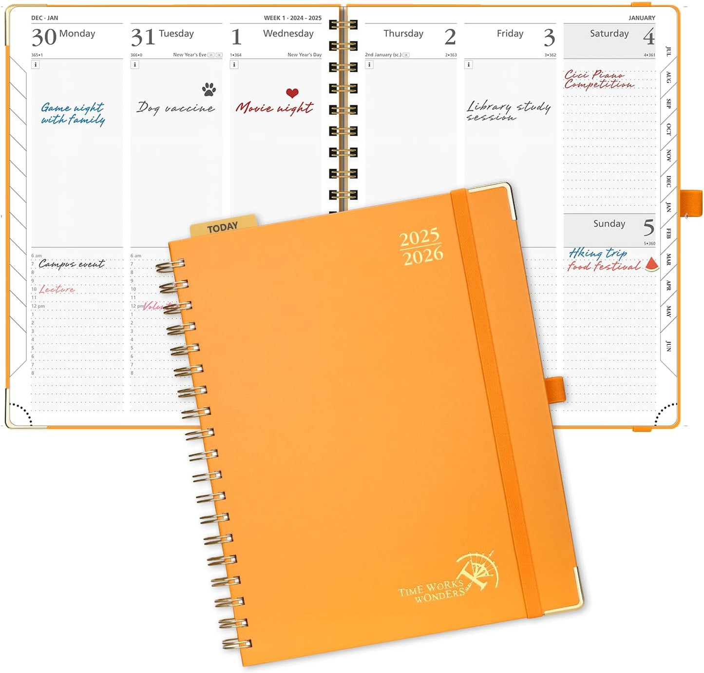 POPRUN Academic Planner 2025-2026 (July 2025-June 2026), Daily Weekly and Monthly Appointment Book (Wirebound Hard Cover - 10'' x 8'') with Hourly Time Slots, Tabs, 100 GSM - Orange