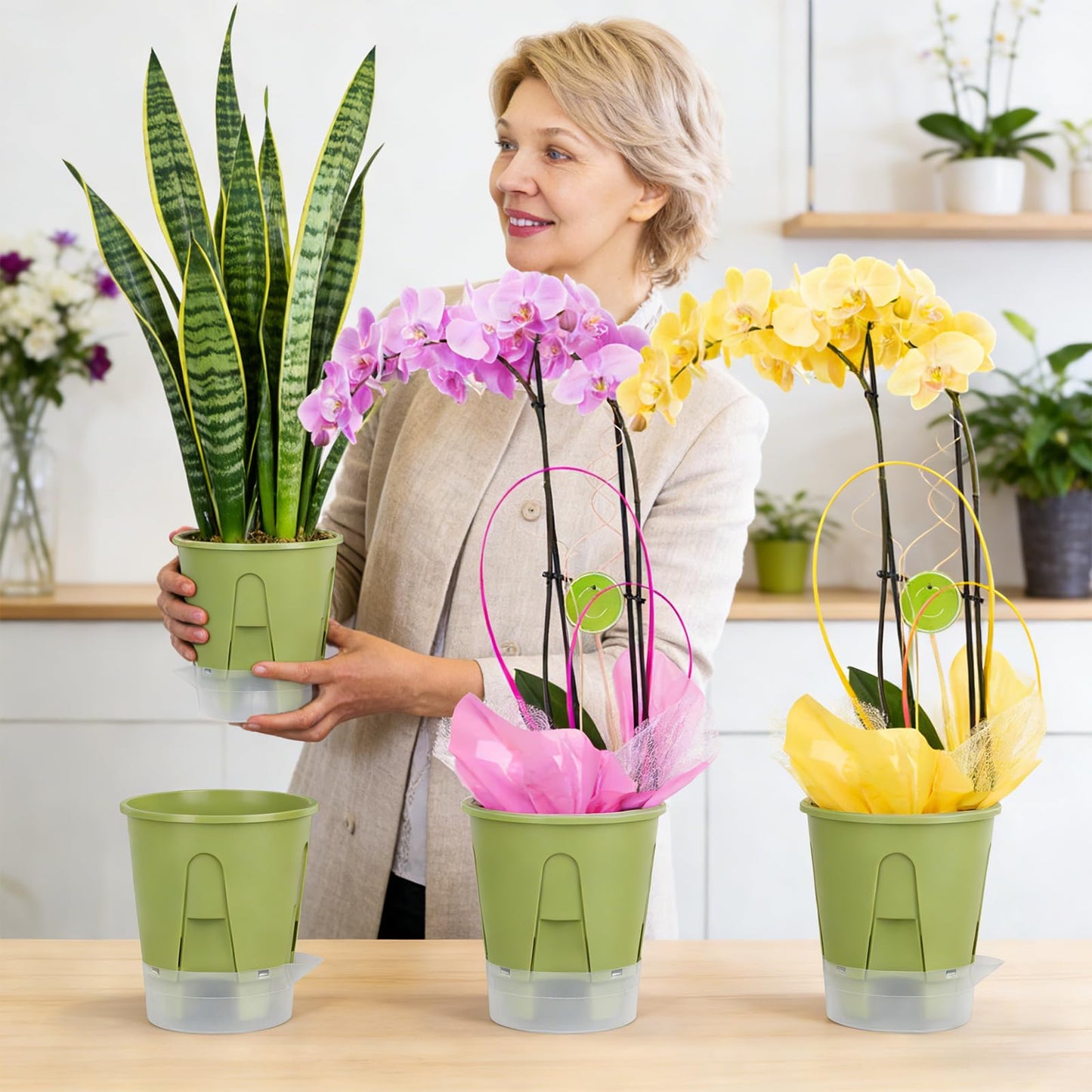 IWNTWY Plant Pots 6 inch Set of 5, Self Watering Pots for Indoor Outdoor, Upgraded Water Inlet Self Watering Planters Flower Pots with Drainage Hole and Clear Saucer Reservoir (Green)